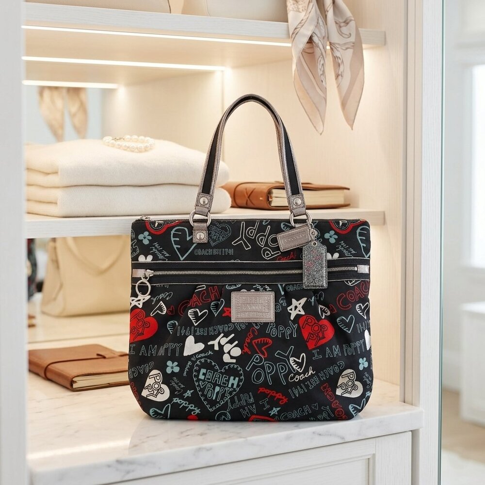 Coach Poppy Graffiti Hearts Glam Tote #16052